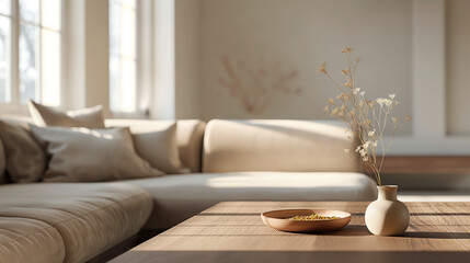 Fototapeta na wymiar A modern living room, boho style, white furniture, dried flowers and a wooden table.