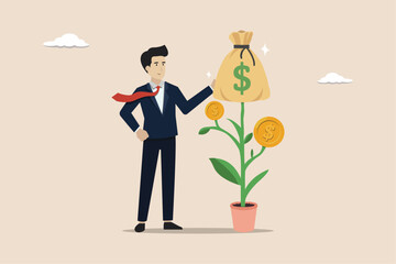 Investment growth, wealth management, passive income or harvest profit or dividend, earning money or prosperity concept, investment plants produce lots of coins.