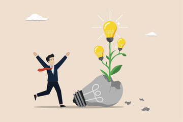 Failure to success, learning from mistakes, attempt to create new innovation, cheerful businessman looking at bright light bulb idea plant seeds growing from broken ones.