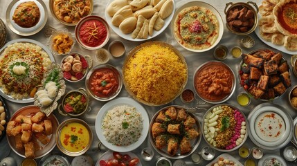 An elaborate Eid feast with a table filled with delectable dishes, from biryani to sweets, symbolizing the abundance and generosity of the occasion. 8K - obrazy, fototapety, plakaty