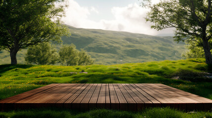 Wooden table or platform with natural landscape in the background for product presentation and advertising.