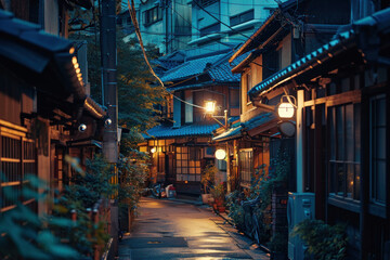 Fototapeta na wymiar Tranquil street in historic district at dusk. Traditional architecture.