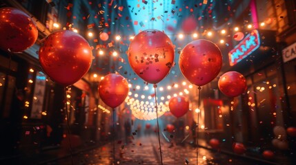 Festive Street Gathering with Balloons
