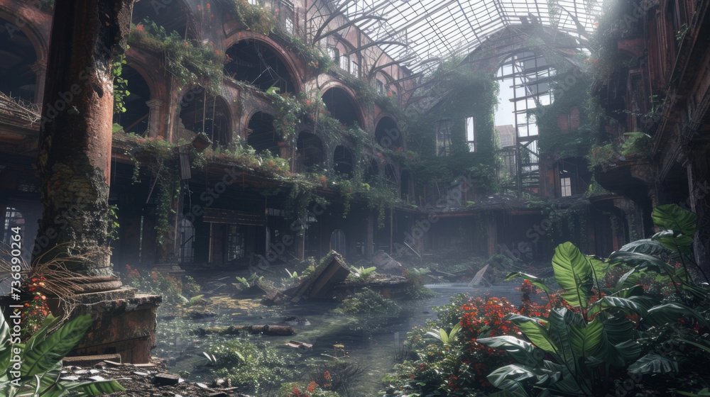 Poster The urban decay pulsates with a unique energy a convergence of nature and manmade structures intertwined in a mesmerizing display of decayed beauty and forgotten majesty.