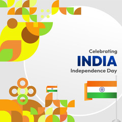 Indian Independence Day banner in colorful modern geometric style. Square greeting card cover Happy national independence day with typography. National holiday celebration party background