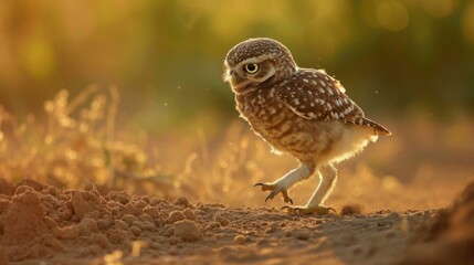  a small brown and white owl standing on top of a dirt field next to a grass and dirt covered field. - obrazy, fototapety, plakaty