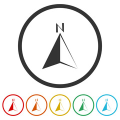 North direction compass icon. Set icons in color circle buttons