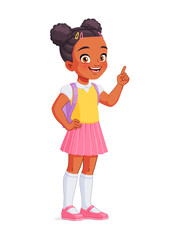 Little African American school girl index finger pointing up with idea. Cartoon vector illustration.