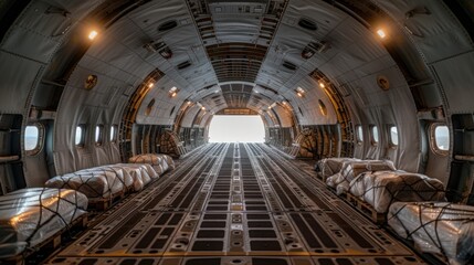 The interior of a military transport plane with cargo or aid for Ukraine.