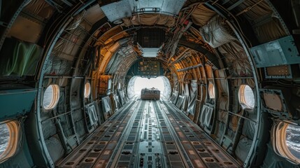 Obraz premium The interior of a military transport plane with cargo or aid for Ukraine.