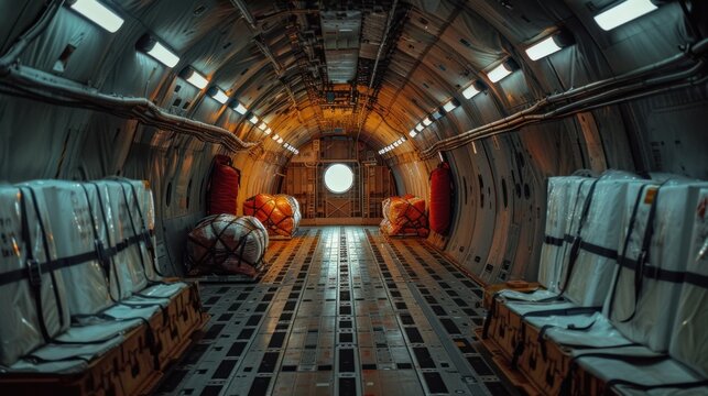 The interior of a military transport plane with cargo or aid for Ukraine.