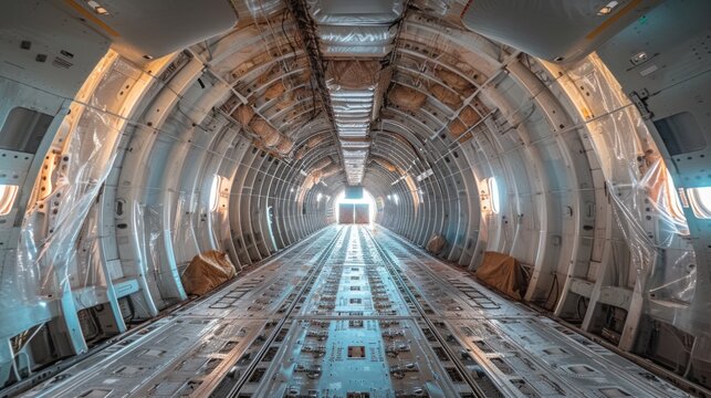 The interior of a military transport plane with cargo or aid for Ukraine.