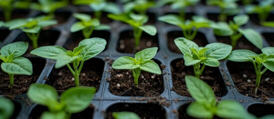 Pepper seedlings' initial growth with cotyledon leaves, soon approaching summer. - obrazy, fototapety, plakaty
