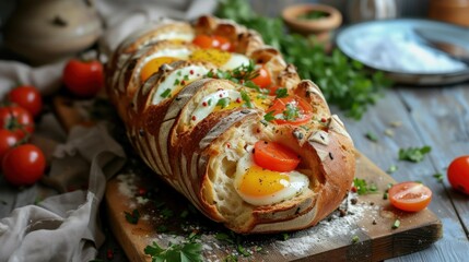  a loaf of bread with eggs, tomatoes, and parsley on a cutting board next to a plate of tomatoes.