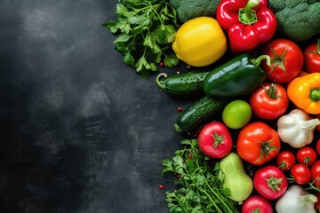 Fresh Vegetables on Black Dark Background, Top View, Copy Space