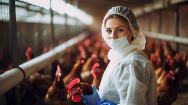 A veterinarian wearing a white protective suit and a medical mask examines chickens and roosters in a poultry farm. Egg and meat production concepts.