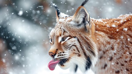 Obraz premium a close up of a lynx in the snow with its tongue out and it's tongue hanging out and it's tongue out.