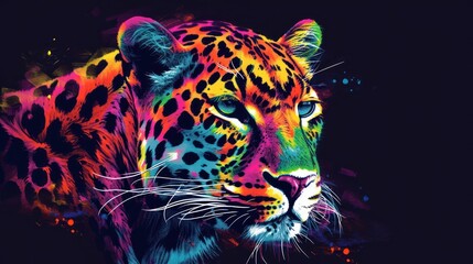  a painting of a leopard on a black background with a multicolored image of a leopard's face.