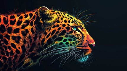  a close up of a leopard's face on a black background with a green, orange, and yellow pattern. - obrazy, fototapety, plakaty