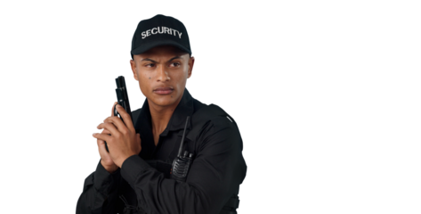 Man, security guard and gun for crime prevention or safety protection for danger investigation, justice or surveillance. Male person, weapon and isolated transparent png background, backup or law
