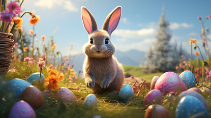 Fototapeta na wymiar Easter bunny with colorfully colored Easter eggs in the field - greeting card - Easter eggs colorfully painted by children