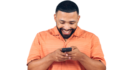 Happy man, phone and typing for online chatting, social media or communication on a transparent PNG background. Isolated or young male person with smile on mobile smartphone for texting or networking
