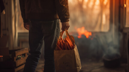 Fototapeta premium a man holding a bag full of carrots in front of a fire in a room with a fire in the background.
