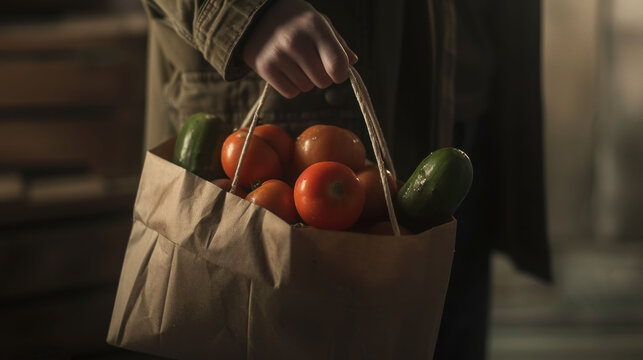  a person holding a brown paper bag full of tomatoes and cucumbers with a green pepper in the bottom right corner of the bag.