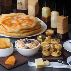 A Background with Restaurant, bread, pan cakes, savories, olives, berries, cheese, egg, honey, avocado