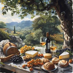 Fotobehang Idyllic Vineyard Picnic with Wine and Cheese in the Countryside © RobertGabriel