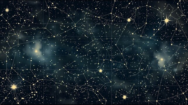 Starry night sky map with constellation lines and nebula clouds