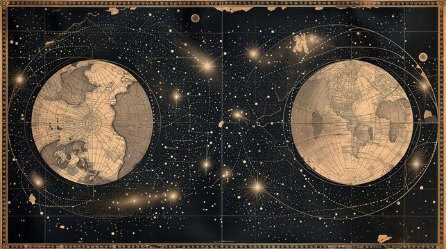 Antique celestial map with hemispheres and ornate star constellations