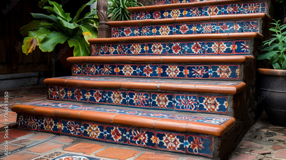 Poster a zoomin on the intricate mosaic tile design used on the risers of each step adding a pop of color a