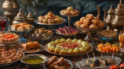 A table adorned with a diverse array of sweets, including baklava, kunafa, and other traditional Ramadan desserts. 8K