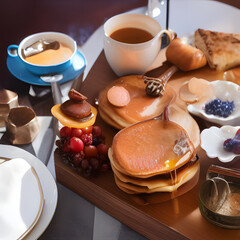 A Background with Restaurant, bread, olives, berries, cheese, egg, honey, avocado, honey, pan cakes