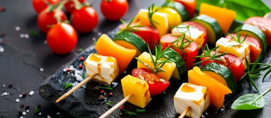 A dish featuring skewers of yellow pepper and other vegetables, a closeup shot showcasing the natural foods and ingredients used in this cuisine recipe