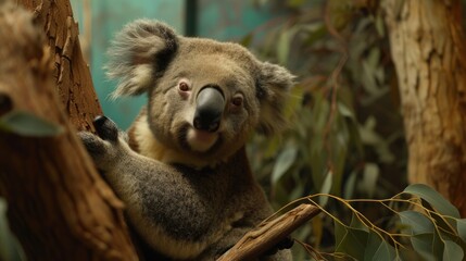  a close up of a koala on a tree branch with leaves in the foreground and a blurry background.