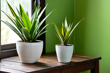 Two Dracaena trifasciata snake plants (Sansevieria trifasciata) and a small one on a wooden table at home. Plant in flowerpot