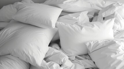  a pile of white pillows sitting on top of a bed covered in white sheets and down comforters on top of a bed.