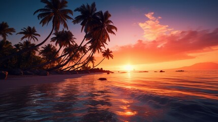 Fototapeta na wymiar Amazing sunset on a tropical beach with palm trees.