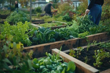 Wooden raided beds in an urban garden. People harvesting fresh vegetables, herbs spices in city urban community garden near their home. Sustainable living lifestyle