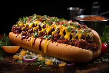 stylist and royal Beef hot dog in a bun covered with Cincinnati Chili, diced onions, and a mound of shredded cheddar cheese closeup in the paper on the table, space for text