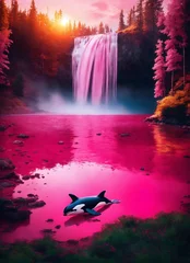 Zelfklevend Fotobehang Pink lake in the forest, pink colored waterfall flows, there is a large killer whale coming out of the water in the lake  © shazma