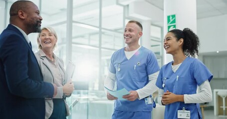 Pharmaceutical teamwork, success or nurse in clinic or hospital for medicine or schedule planning. Happy people in meeting, representatives or healthcare medical officers for research progress goals