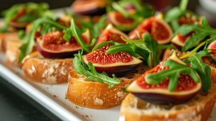  a close up of a plate of food with figs and greens on top of bread with other food items in the background.