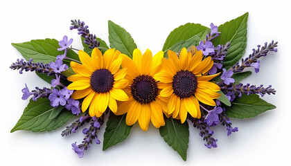 A vibrant arrangement of sunflowers and lavender, forming a floral wreath on a white background.