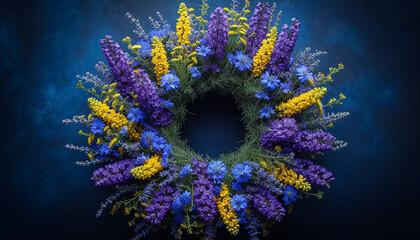 A lush wreath of purple and yellow flowers stands out against a deep blue background, exuding elegance and vibrancy.