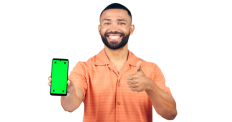 Happy man, portrait and thumbs up with phone, green screen or success on a transparent PNG background. Isolated male person showing mobile smartphone or chromakey display with like emoji or yes sign