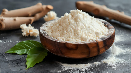 Cassava (manioc) flour in wooden bowl with original leaf on grey background, generative ai