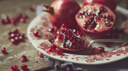  a white plate topped with pomegranates on top of a table next to a bowl of pomegranates.
